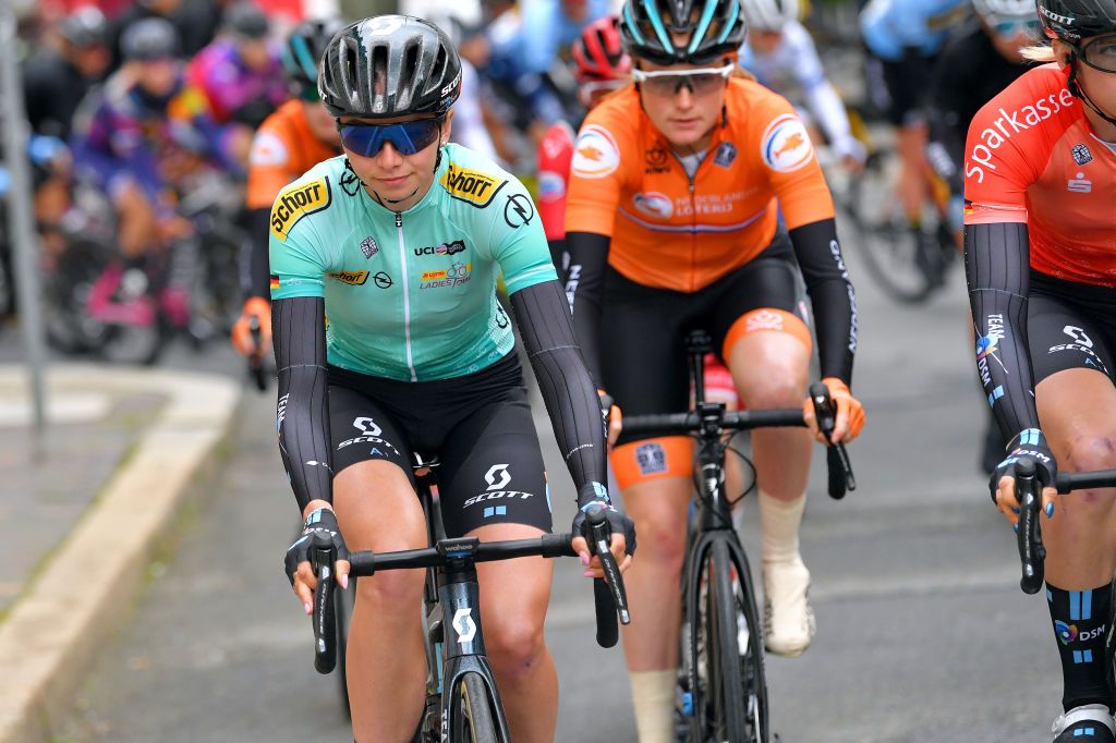 GERA GERMANY MAY 26 Liane Lippert of Germany and Team DSM green mountain jersey during the 34th Internationale LOTTO Thringen Ladies Tour 2021 Stage 2 a 1251km stage from Gera to Gera ltlt2021 lottothueringenladiestour womencycling on May 26 2021 in Gera Germany Photo by Luc ClaessenGetty Images
