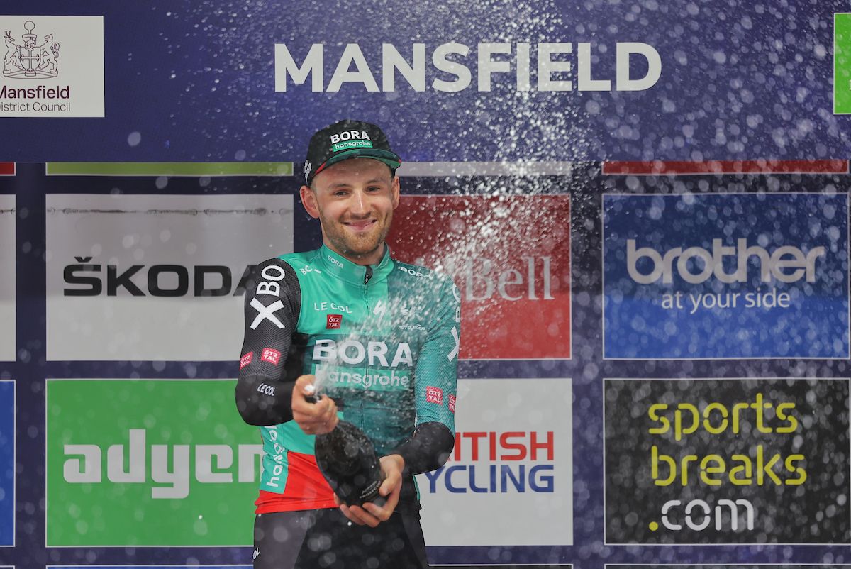 Picture by Alex WhiteheadSWpixcom 08092022 Cycling 2022 AJ Bell Tour of Britain Stage 5 West Bridgeford to Mansfield England Jordi Meeus of Team BORA Hansgrohe on the podium after taking the victory