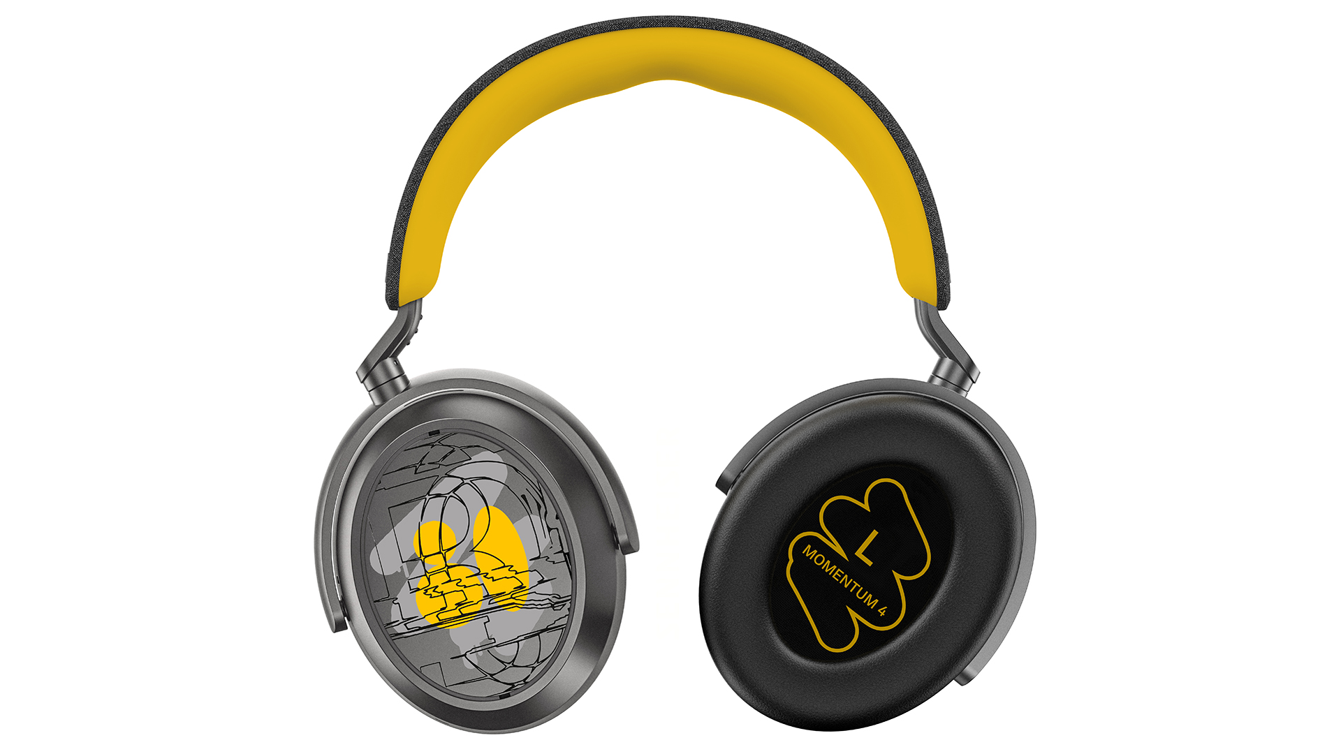 Sennheiser Momentum 4 special edition headphones on a white background – feature yellow accents and graffiti styling on earcups