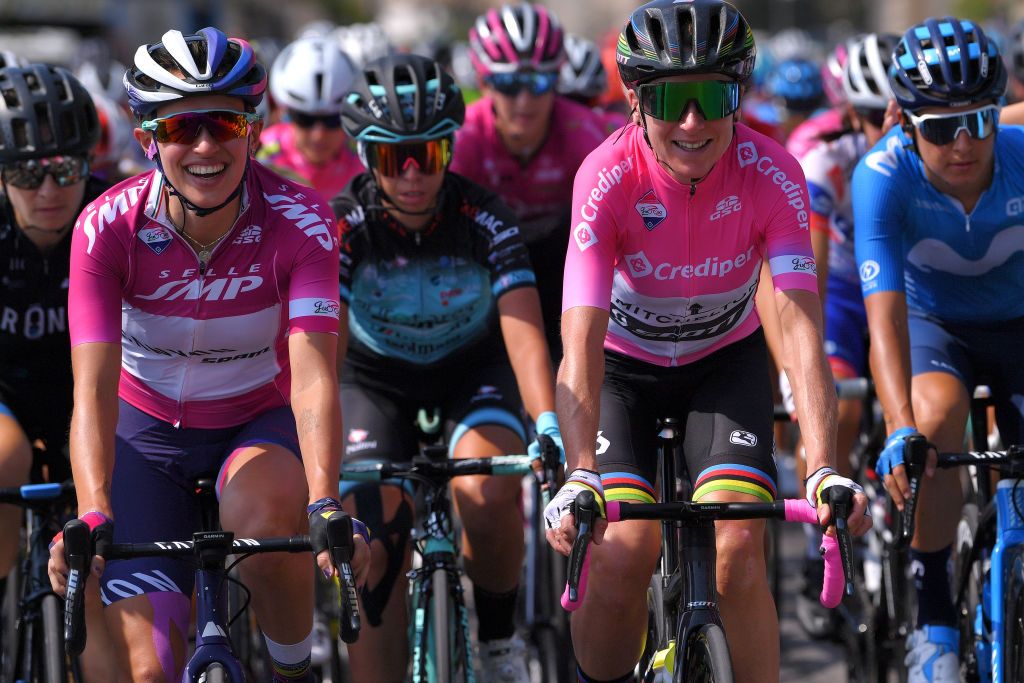 TERRACINA ITALY SEPTEMBER 15 Katarzyna Niewiadoma of Poland and Team Canyon SRAM Racing Purple Points Jersey Annemiek Van Vleuten of The Netherlands and Team Mitchelton Scott Pink Leader Jersey Peloton during the 31st Giro dItalia Internazionale Femminile 2020 Stage 5 a 1103km stage from Terracina to Terracina GiroRosaIccrea GiroRosa on September 15 2020 in Terracina Italy Photo by Luc ClaessenGetty Images