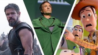 A collage of Matt Damon's Odysseus, Robert Downey Jr at Comic-Con 2024, and Buzz and Woody in Toy Story 5