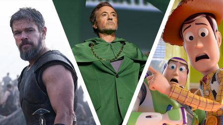 A collage of Matt Damon's Odysseus, Robert Downey Jr at Comic-Con 2024, and Buzz and Woody in Toy Story 5