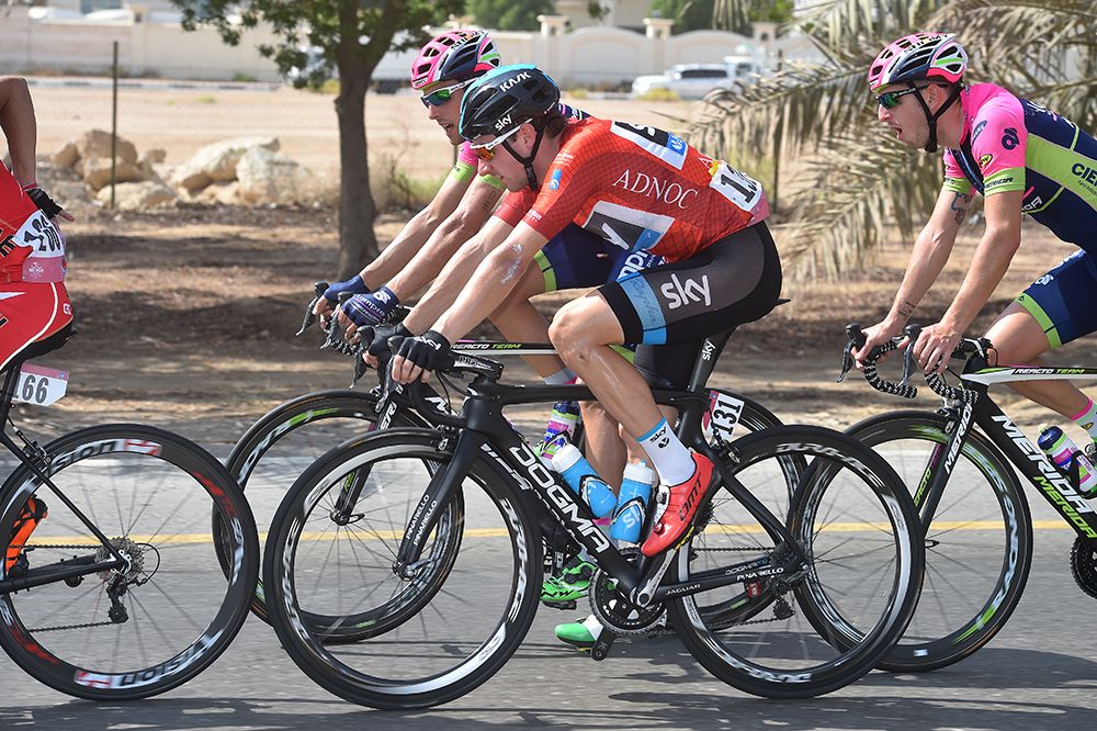 Elia Viviani (Team Sky) in the race leader's jersey at the Abu Dhabi Tour