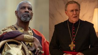 Denzel Washington looks up stoically in Gladiator II, pictured next to a concerned looking John Lithgow dressed in his Cardinal uniform in Conclave.