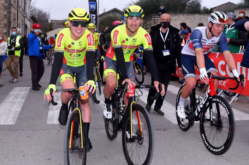 LA CALMETTE FRANCE FEBRUARY 04 Arrival Milan Menten of Belgium and Team Bingoal WB Timothy Dupont Belgium and Team Bingoal WB celebrates Mads Pedersen of Denmark and Team Trek Segafredo during the 51st toile de Bessges Tour du Gard 2021 Stage 2 a 154km stage from SaintGenis to La Calmette EDB2020 on February 04 2021 in La Calmette France Photo by Luc ClaessenGetty Images