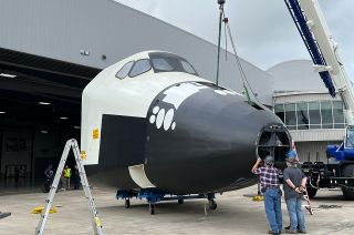 NASA's last space shuttle crew compartment trainer is prepared for its move into the Lone Star Flight Museum at Ellington Field after being delivered from the Space Vehicle Mockup Facility at Johnson Space Center on Friday, Nov. 4, 2022.