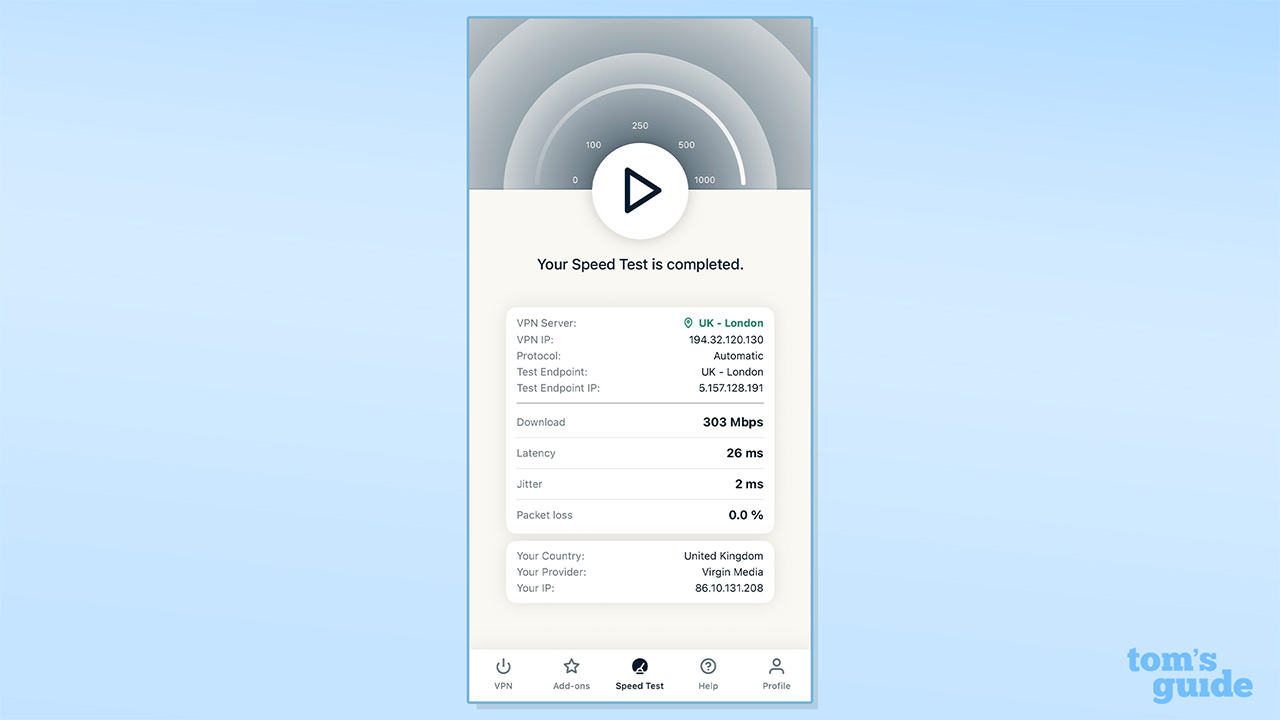 Screenshot of new ExpressVPN mobile app new speed test feature