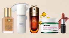 Collage of beauty products on a neutral background (L-R) Estee Lauder foundation, Laneige toner, Clarins serum, Dr Jart+ green colour corrector and MAC lipstick