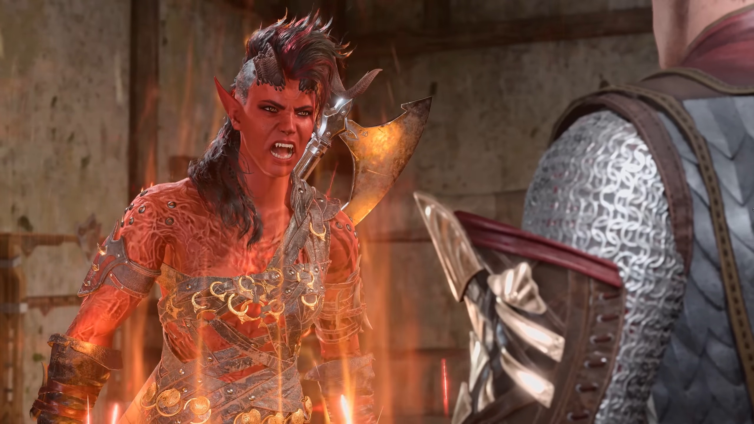 Tiefling glowing red and screaming at the camera