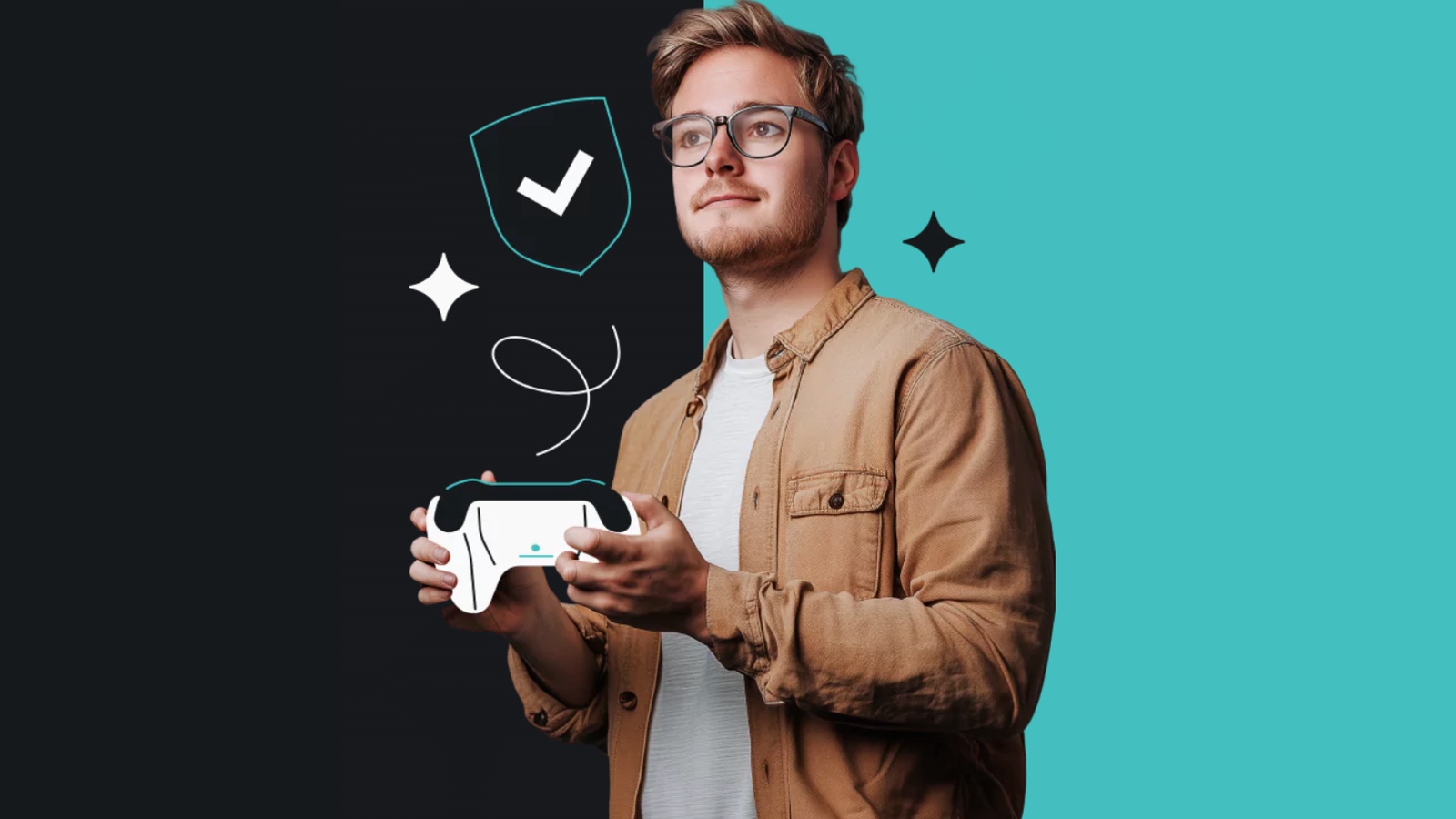 A young man poses with an illustrated gaming console controller in front of a bold blue background.