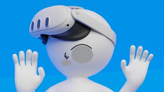 3D render of a person wearing a Meta Quest 3 VR/Mixed Reality headset bumping into the screen.