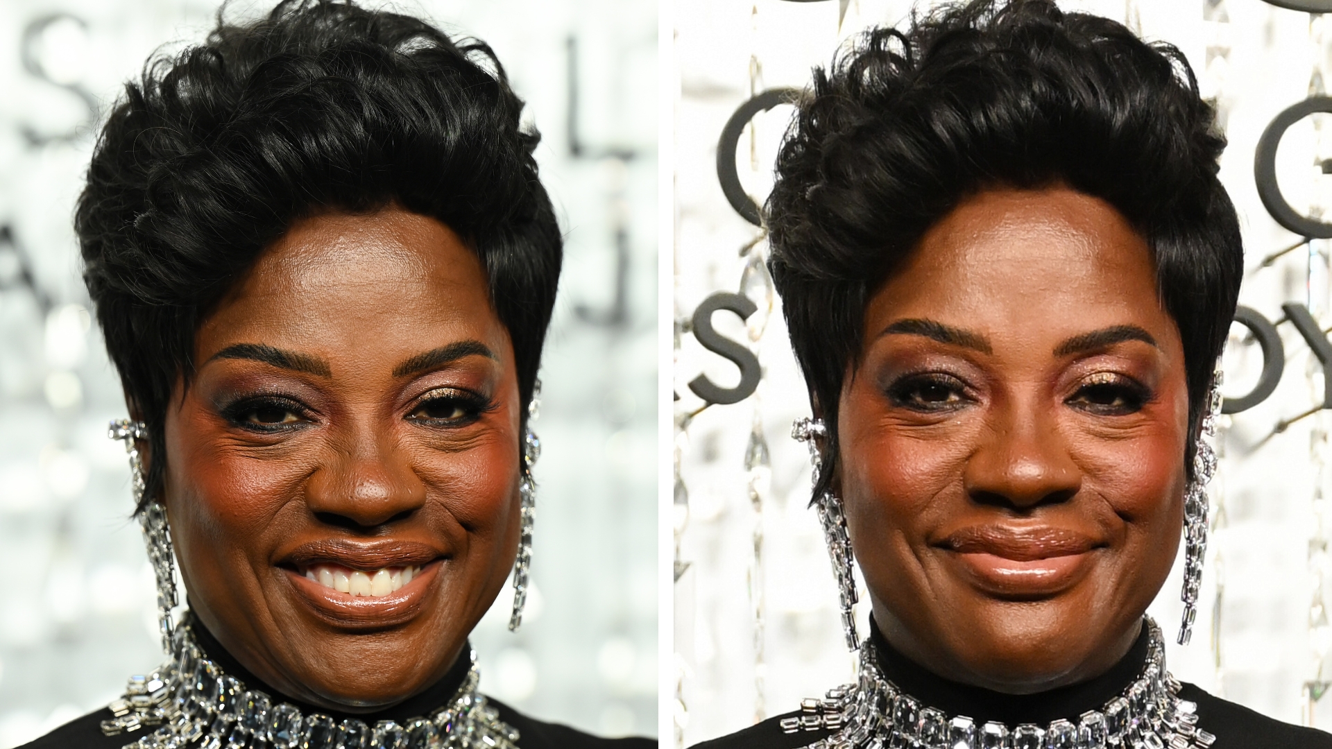 Collage of images showing Viola Davis smiling with a pixie cut and wearing a crystal-embellished black high-neck gown