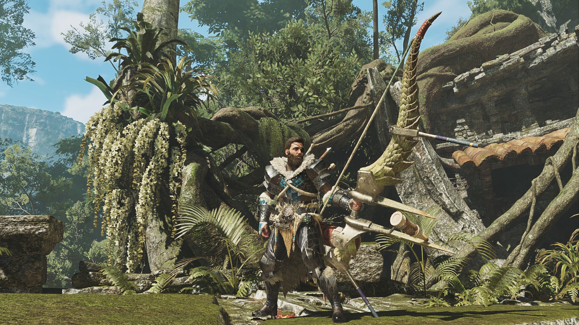 A bow-wielding hunter stands in the Scarlet Forest in Monster Hunter Wilds.