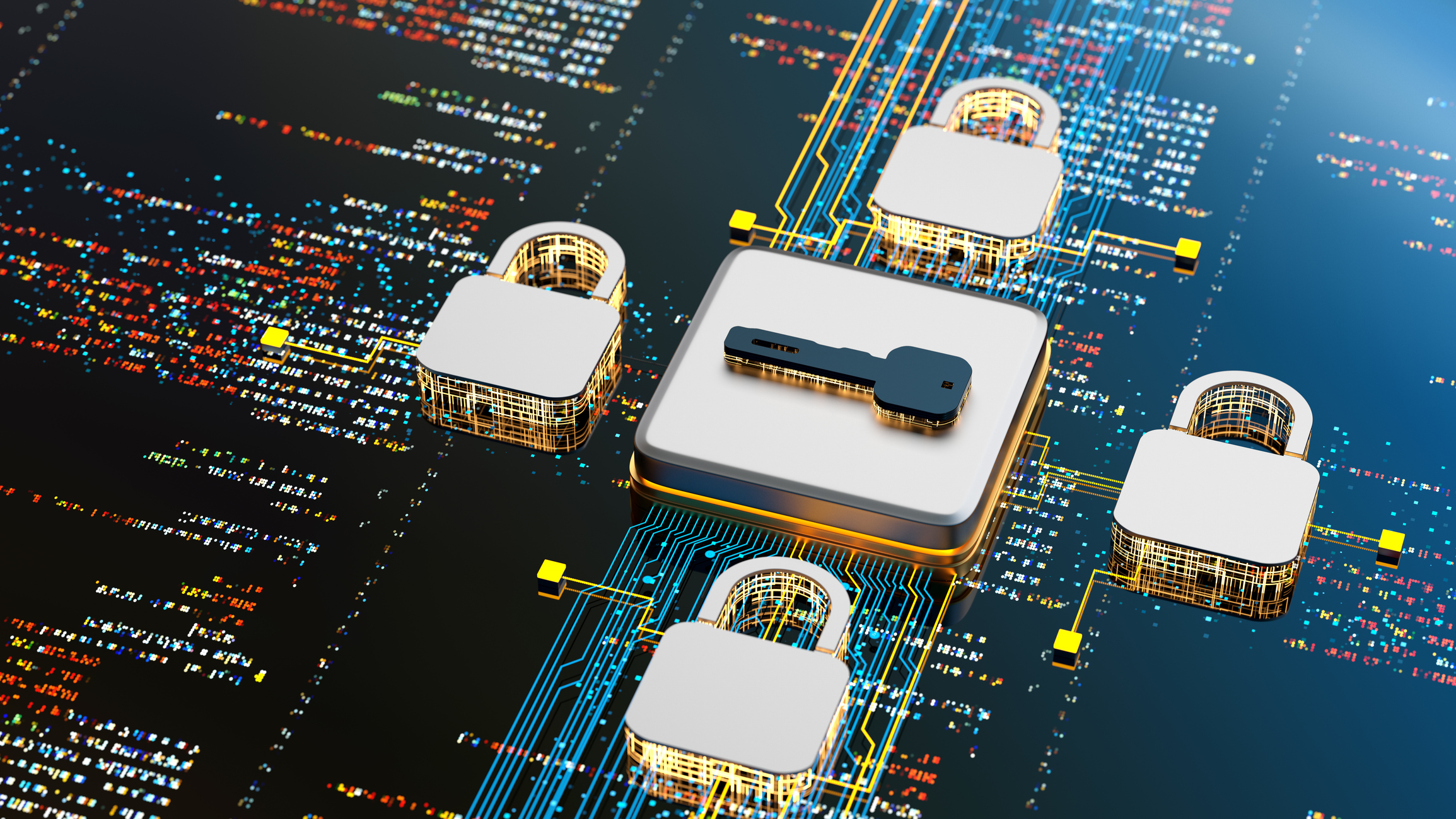 Key symbol surrounded by padlocks on a circuit board