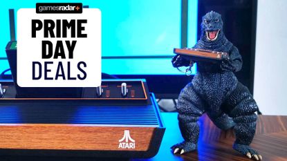 GamesRadar+ Prime Day deals badge next to Atari 2600+ and Godzilla figure holding tiny Atari on right.