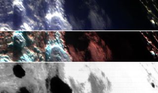 Three horizontal strips showing different images of Earth. Each image is taken in a different wavelength, meaning that it reveals slightly different features and information about the planet below.