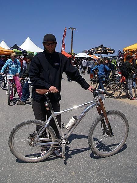 Trek product development honch Travis Brown was pedaling around the Sea Otter Classic venue on this prototype 69er which shed the production model's sliding dropouts for lighter one-piece units.