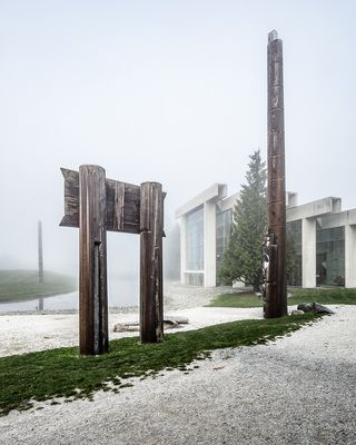 Museum of Anthropology at UBC, Vancouver, Canada showing modernist japanese inspired forms on misty day with artefacts inside