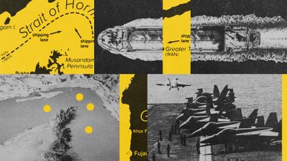 Composite illustration showing an aerial map of the Hormuz Strait, US aircraft carrier and a cargo ship