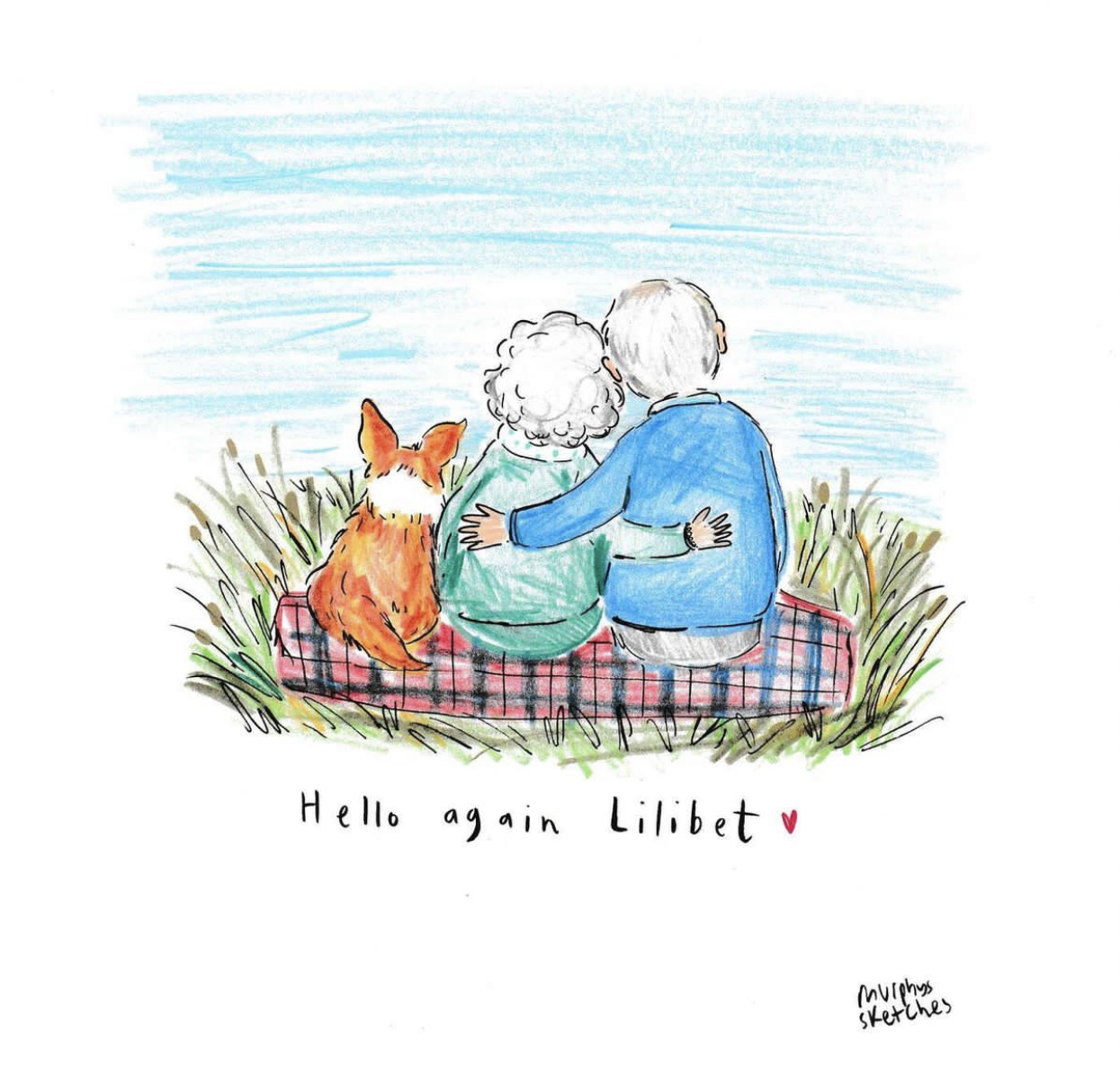 An illustration of the Queen sitting next to Prince Philip with the caption 'Hello again, Lilibet'