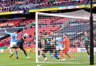 Aymeric Laporte, left, scores Manchester City's winner at Wembley on Sunday