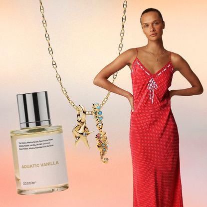 Collage of Fish Necklace, Red Slip Dress, and Perfume