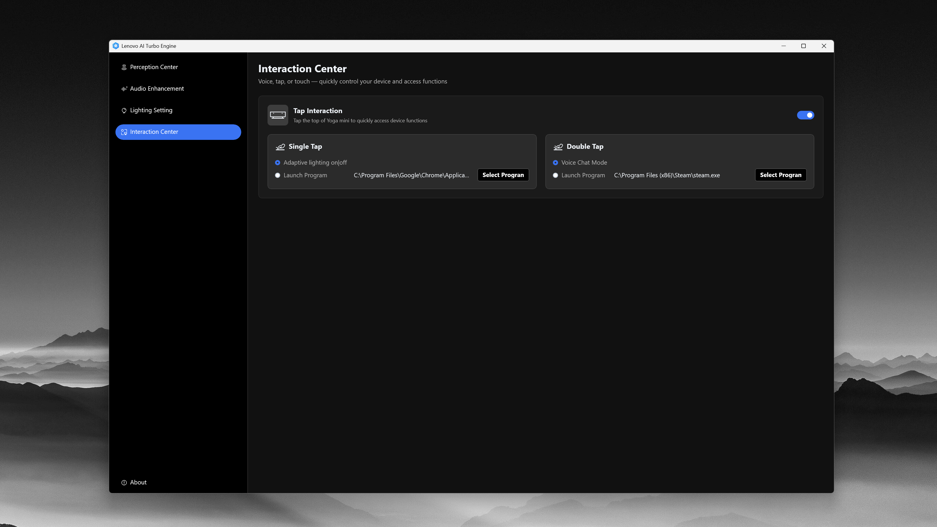 A screenshot showing how you can use tap interactions like customizable button presses on the Lenovo Yoga Mini from within Lenovo's AI Turbo Engine app