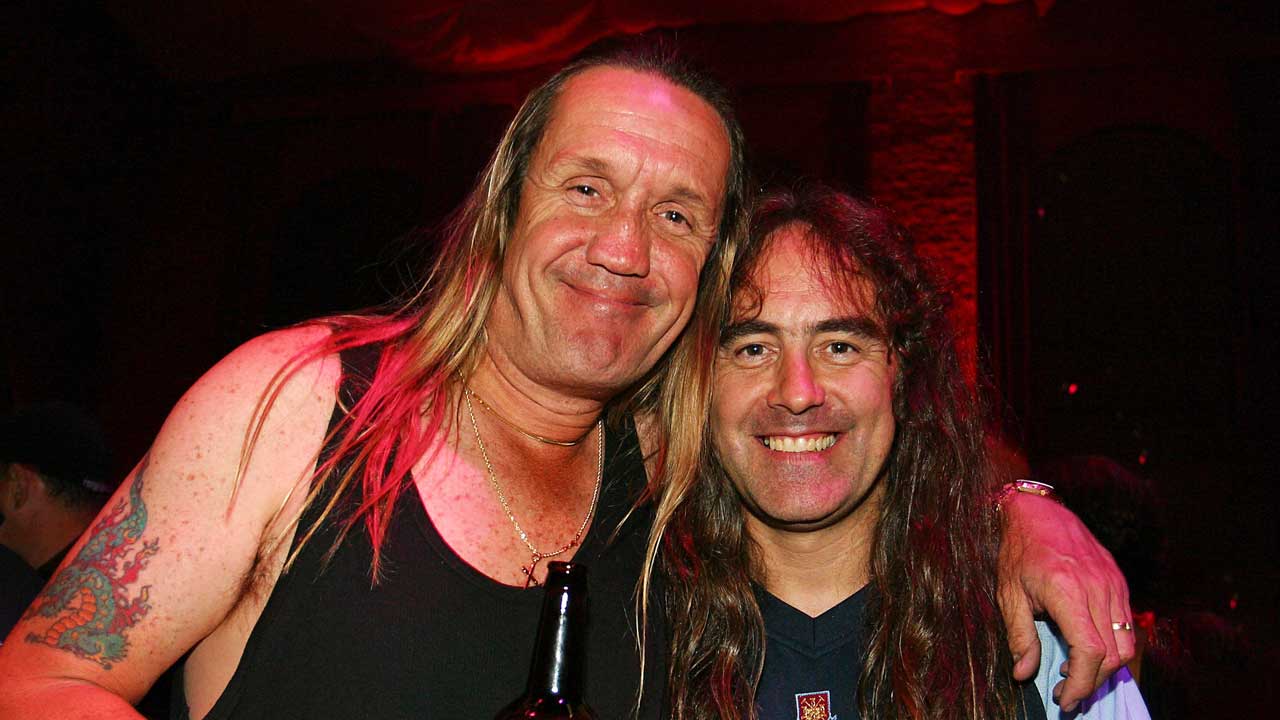 Nicko McBrain and Steve Harris during Iron Maiden's record release party for Dance of Death in Battersea, London. September 3, 2003