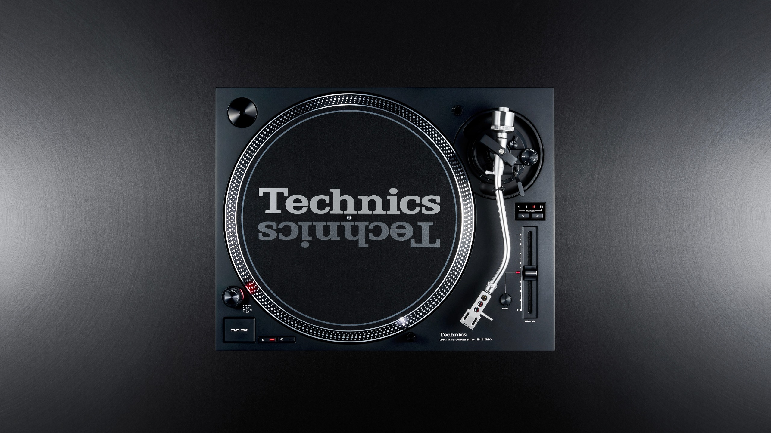 Technics SL-1210MKX viewed from above on black background
