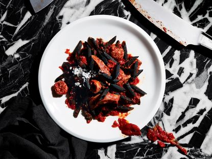 Robert Longo's recipe for Wallpaper's artist's palate series, featuring black pasta and 'blood and guts' sauce
