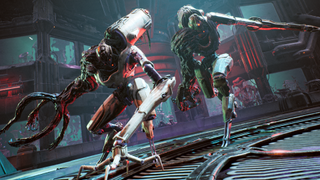 A screenshot of two bosses - horrifying cyborg monstrosities - from Remnant 2's The Dark Horizon DLC.