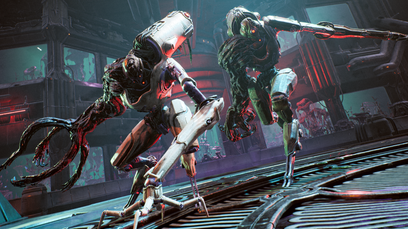 A screenshot of two bosses - horrifying cyborg monstrosities - from Remnant 2&#039;s The Dark Horizon DLC.