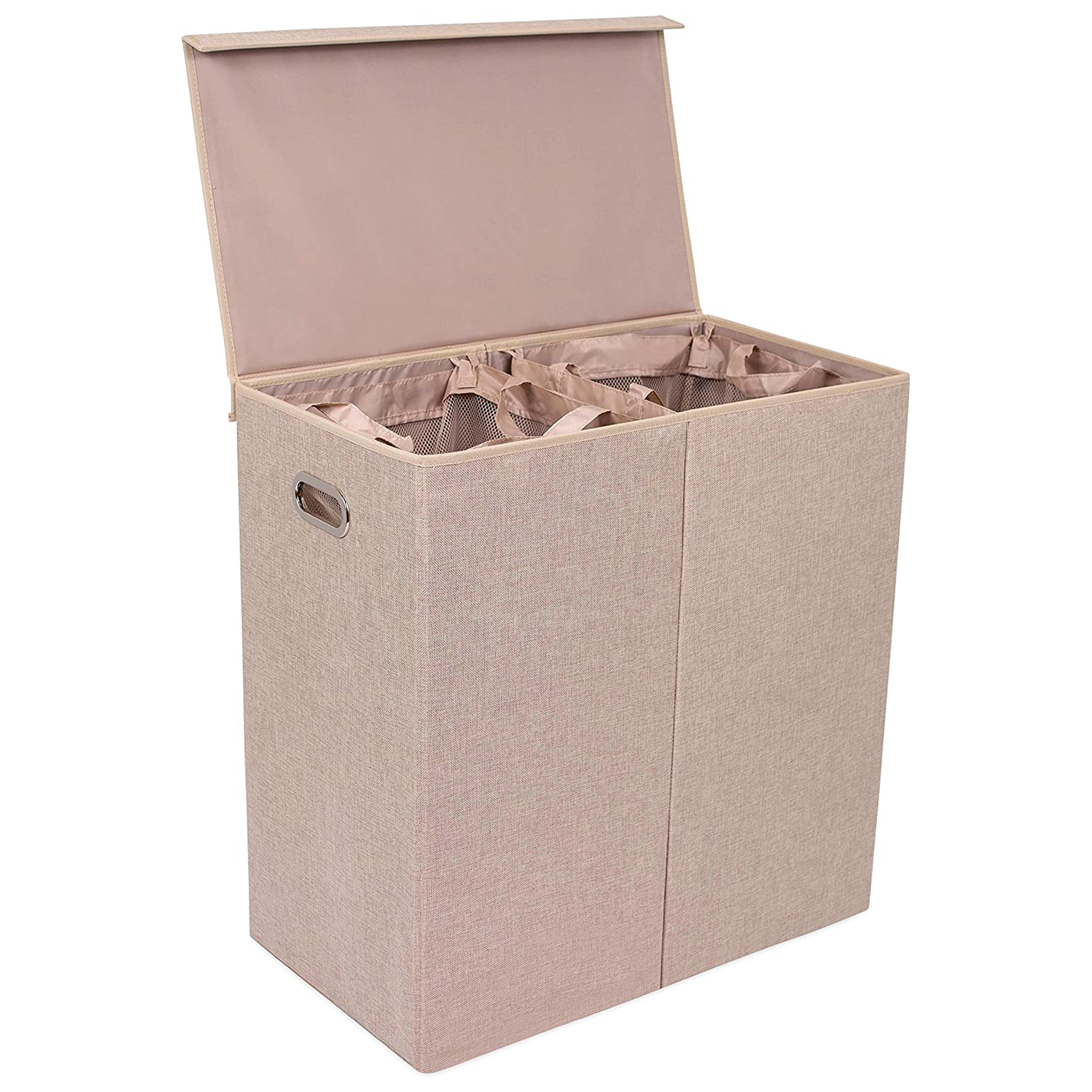 Keranjang cucian dari linen kosong dengan dua bagian dan penutup yang terpisah