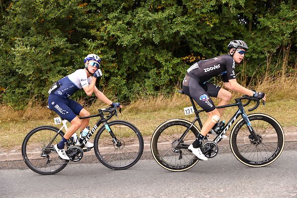 Picture by SWpix.com - 10/09/2021 - Cycling - AJ Bell Tour of Britain Stage 6 - Carlisle to Gateshead, England - Mason Hollyman of Israel Start Up Nation and Mark Donovan of Team DSM during stage six of the AJ Bell Tour of Britain