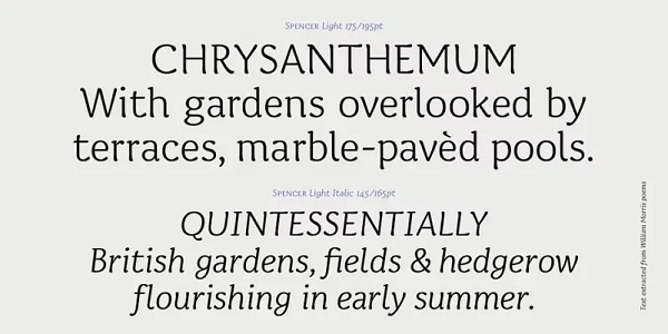 Spencer Light font and Light Italic font with sample text about British gardens.