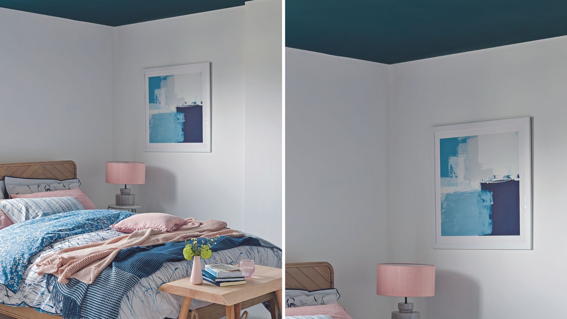 Bedroom with a navy blue painted ceiling