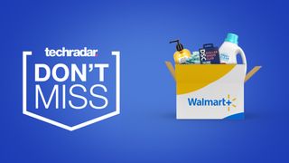Walmart Plus logo on blue background next to techradar dont miss badge