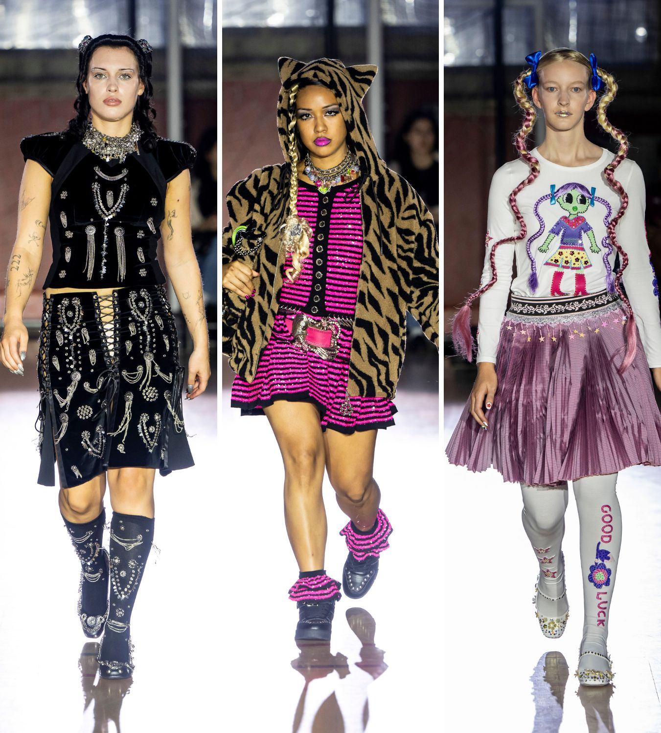 three models from chopova lowena&#039;s ss25 london fashion week show
