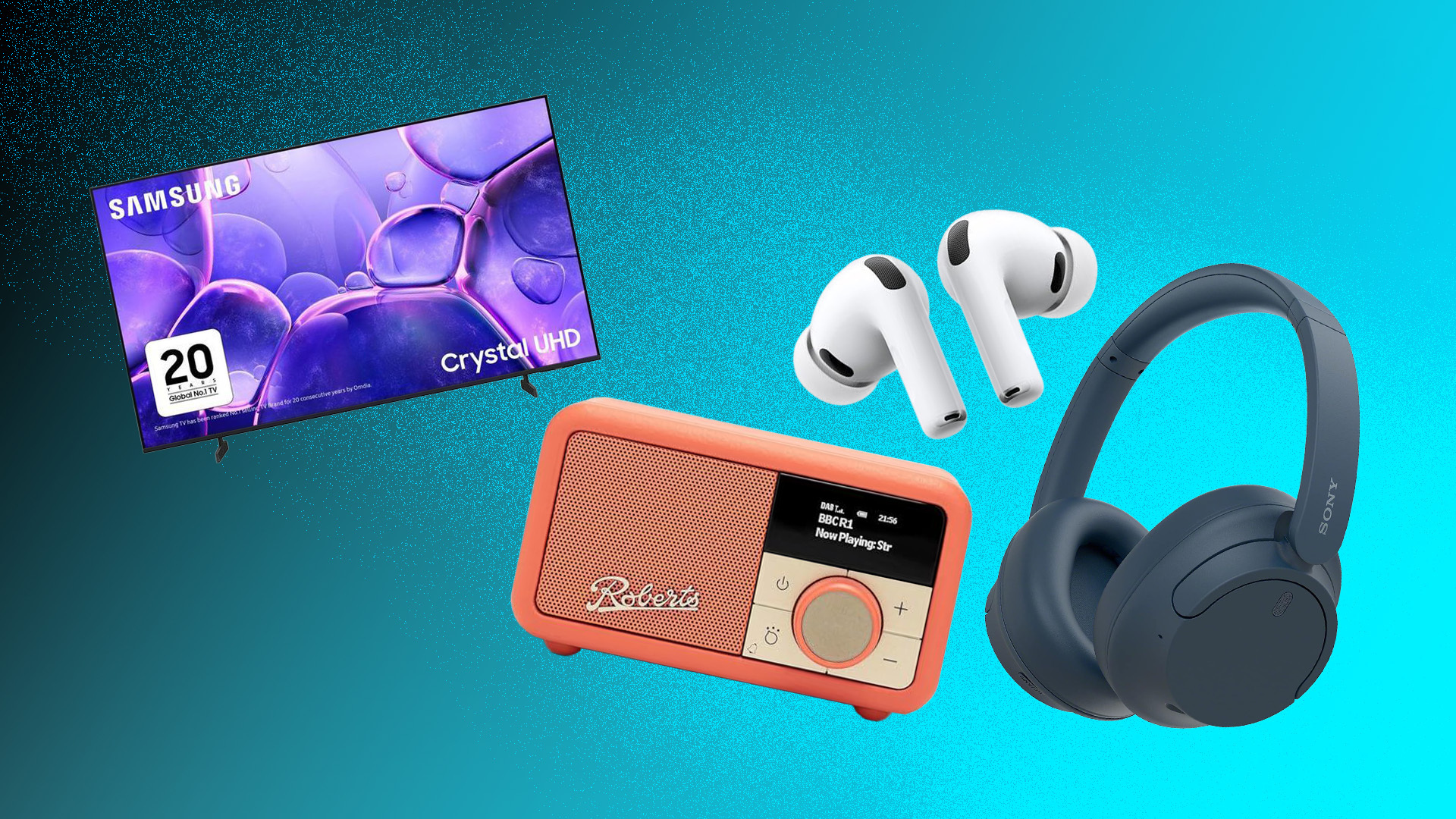 An image with press images of the Samsung U8000F, Roberts Revival Petite 2, Apple AirPods Pro 3 and the Sony WH-CH720N