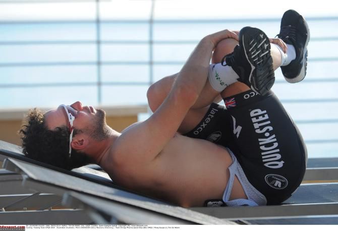 A bit of stretching for Mark Cavendish at the Omega Pharm-QuickStep training camp