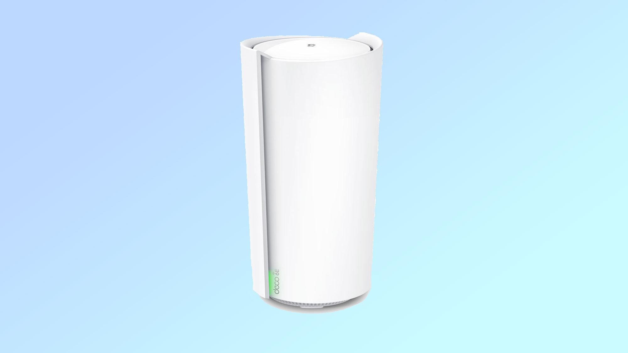 Product shot of the TP-Link Deco XE200 mesh router unit, a white tapered cylinder, on a blue background.