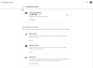 The Google Account 2-Step Verification settings page, showing the Authenticator app option