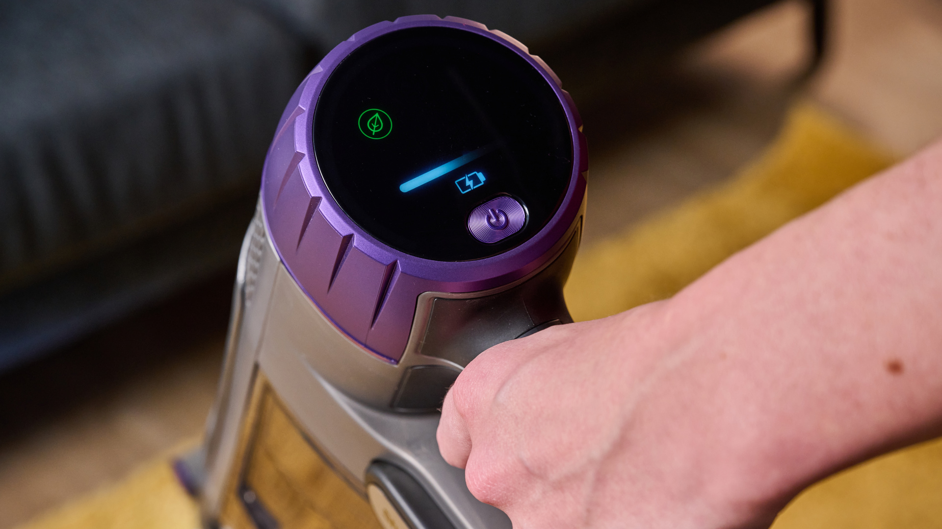 Close up of control panel on Shark PowerDetect cordless vacuum