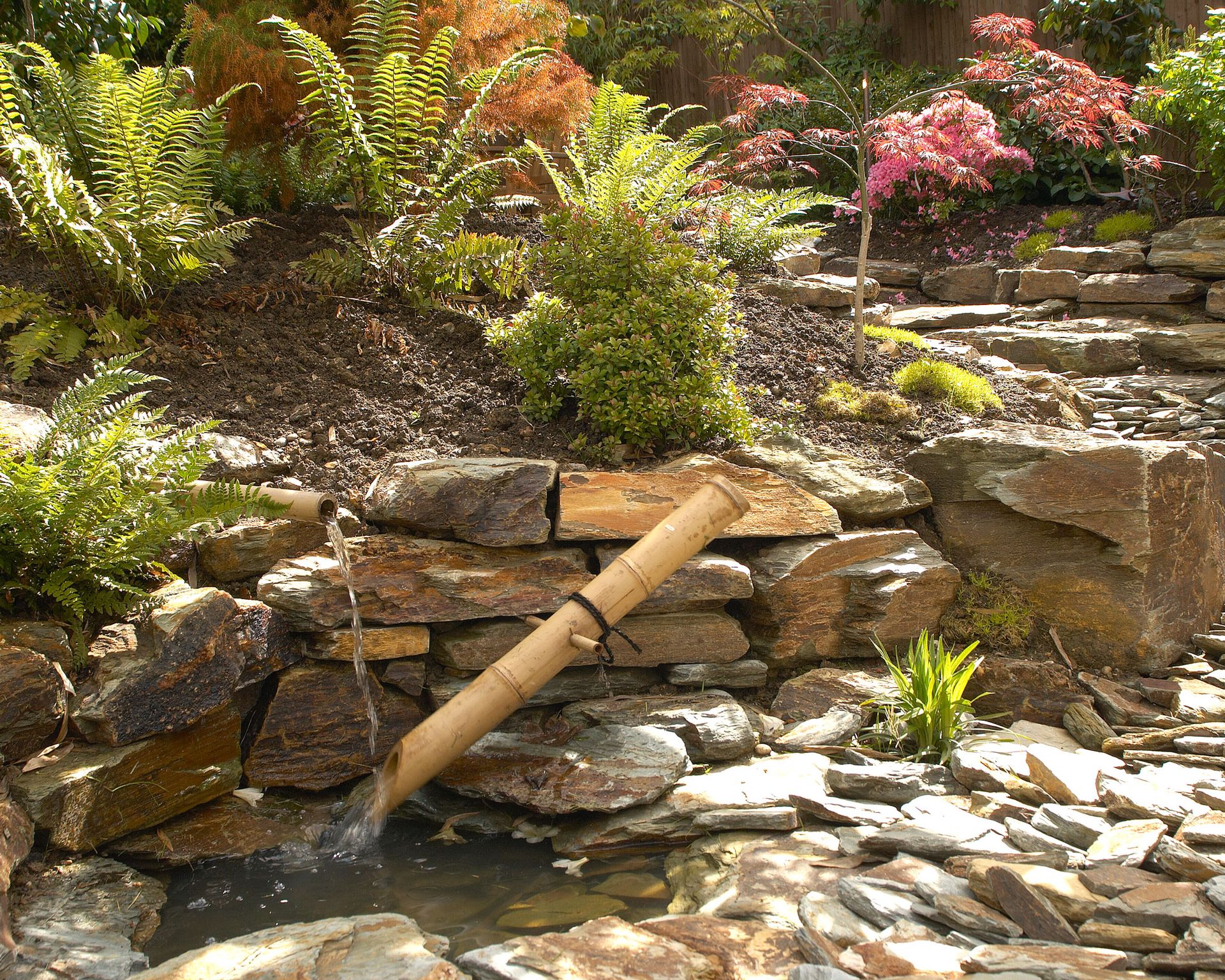 A serene sensory garden designed for relaxation with lush plants and calming features