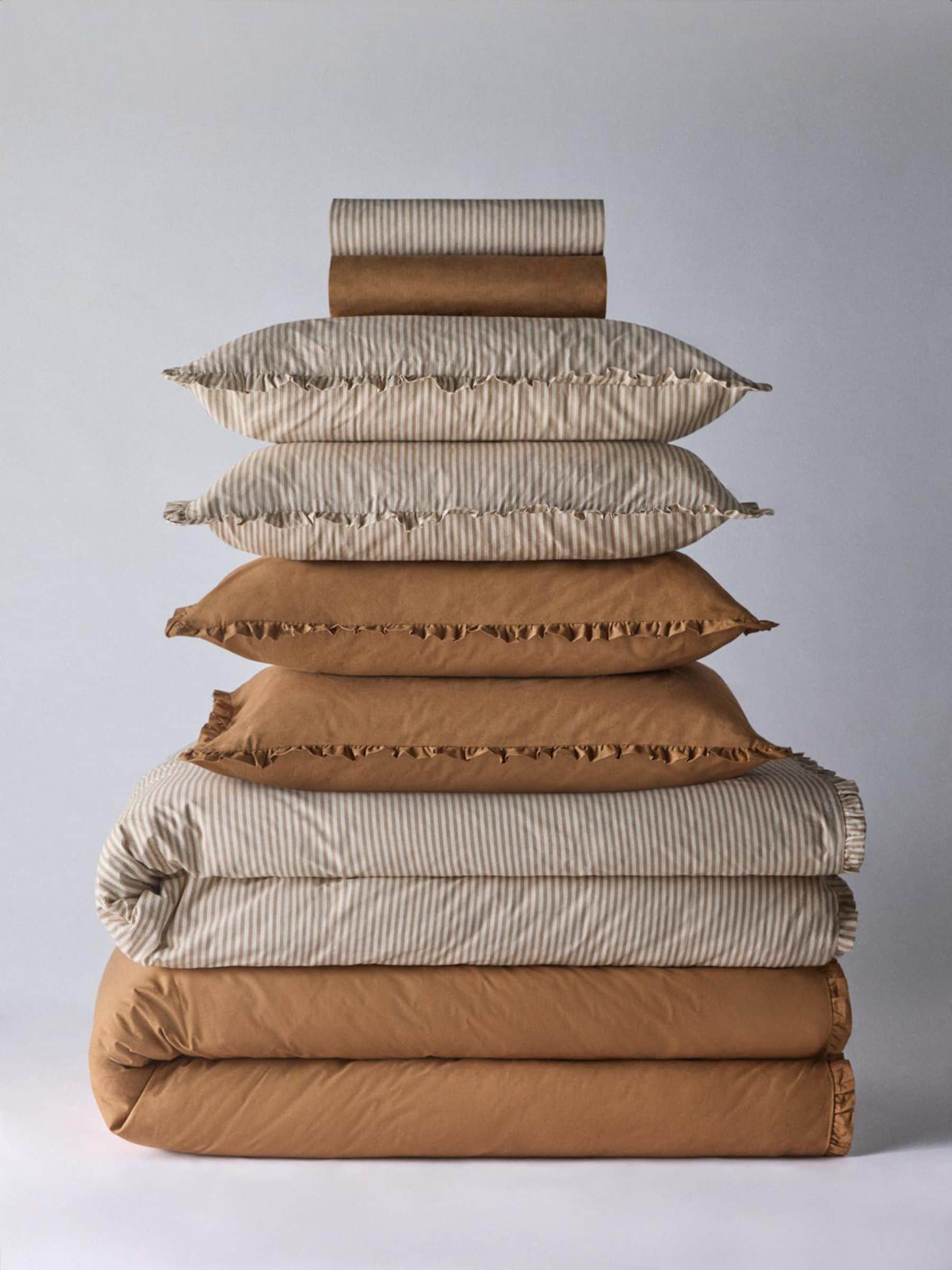 The Set 8 Piece Caramel/stripe Frill Duvet Cover and Pillowcase Set With Fitted Sheets - Size Single
