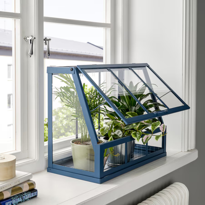 &Aring;KERB&Auml;R greenhouse in blue on a windowsill.