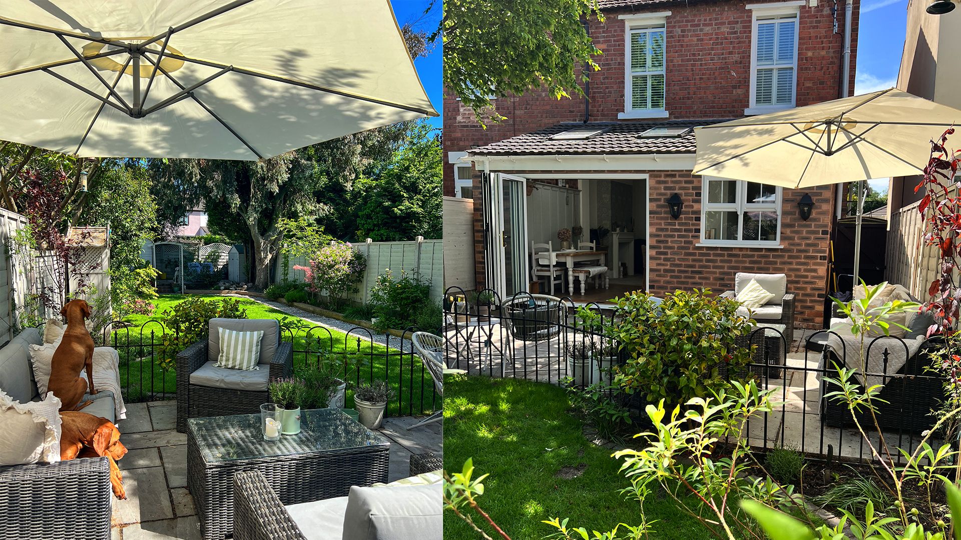 pretty garden patio area surrounded by fences and shaded by a garden parasol