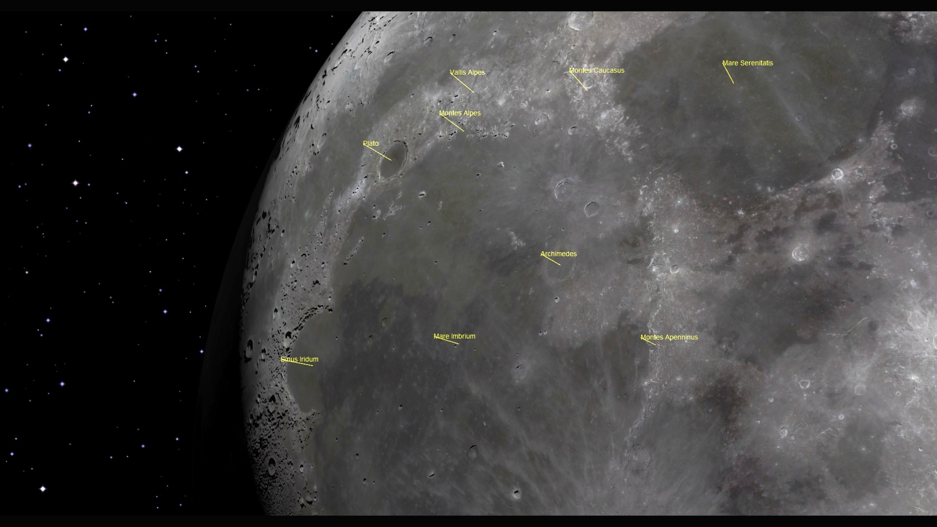 A close up of the moon's surface in space with labeled yellow dots for specific parts of the moon's surface including Mare Imbrium