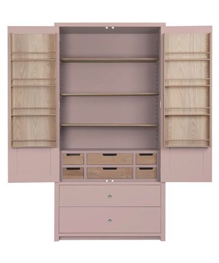 Neptune larder in dusty pink with doors open and empty shelves