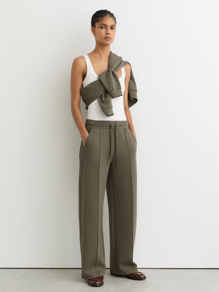 Reiss, Premium Interlock Wide-Leg Joggers in Khaki Green